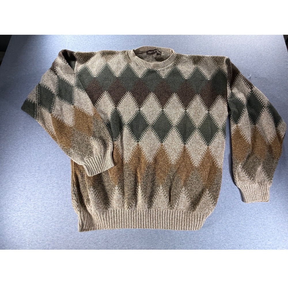 Vintage Liberty Sweaters Argyle Knit Pullover USA Made Tan Green Brown Mens M